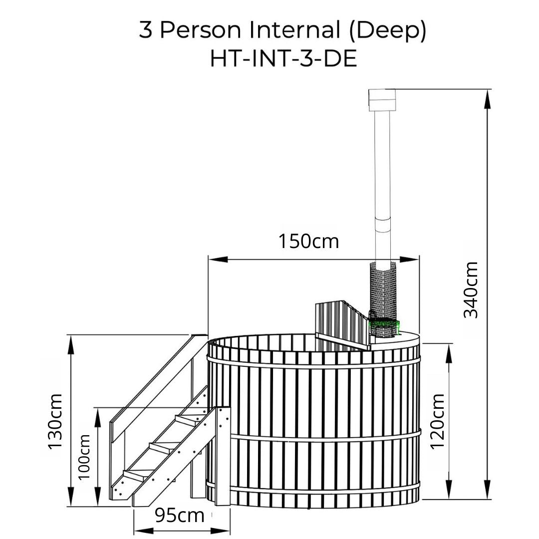 Wood Fired Cedar Hot Tub - Internal Stove - 3 Person (Extra Deep)