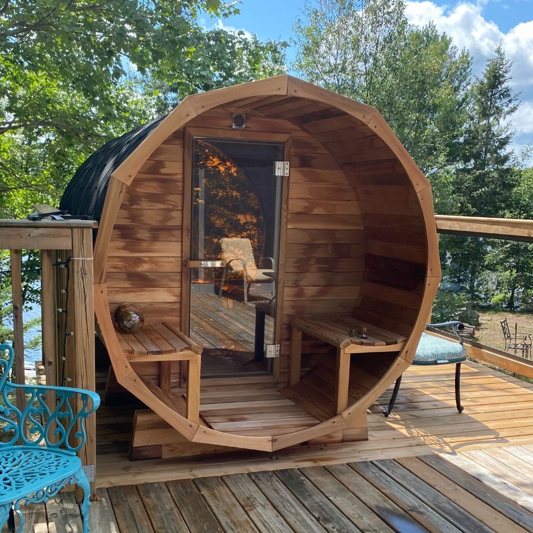 Scenic View Cedar Barrel Sauna with Porch - 6 Person