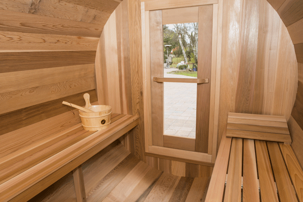 6 FT Red Cedar  Barrel Sauna with Porch - 4 Person - Backcountry Recreation